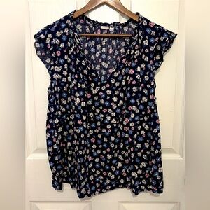 GAP Women's Navy Floral Ruffle Neck Flutter Sleeve Top Size L
